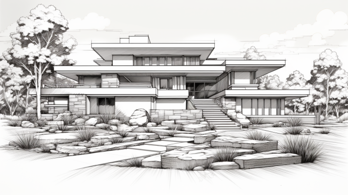 jamesrempel line drawing of a Frank Lloyd Wright style home b b8a14028-e13e-4504-919b-b2b197f118c4 3