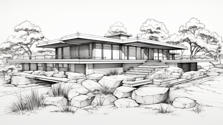 jamesrempel line drawing of a Frank Lloyd Wright style home b b8a14028-e13e-4504-919b-b2b197f118c4 1