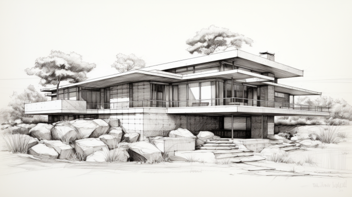jamesrempel line drawing of a Frank Lloyd Wright style home b b8a14028-e13e-4504-919b-b2b197f118c4 0